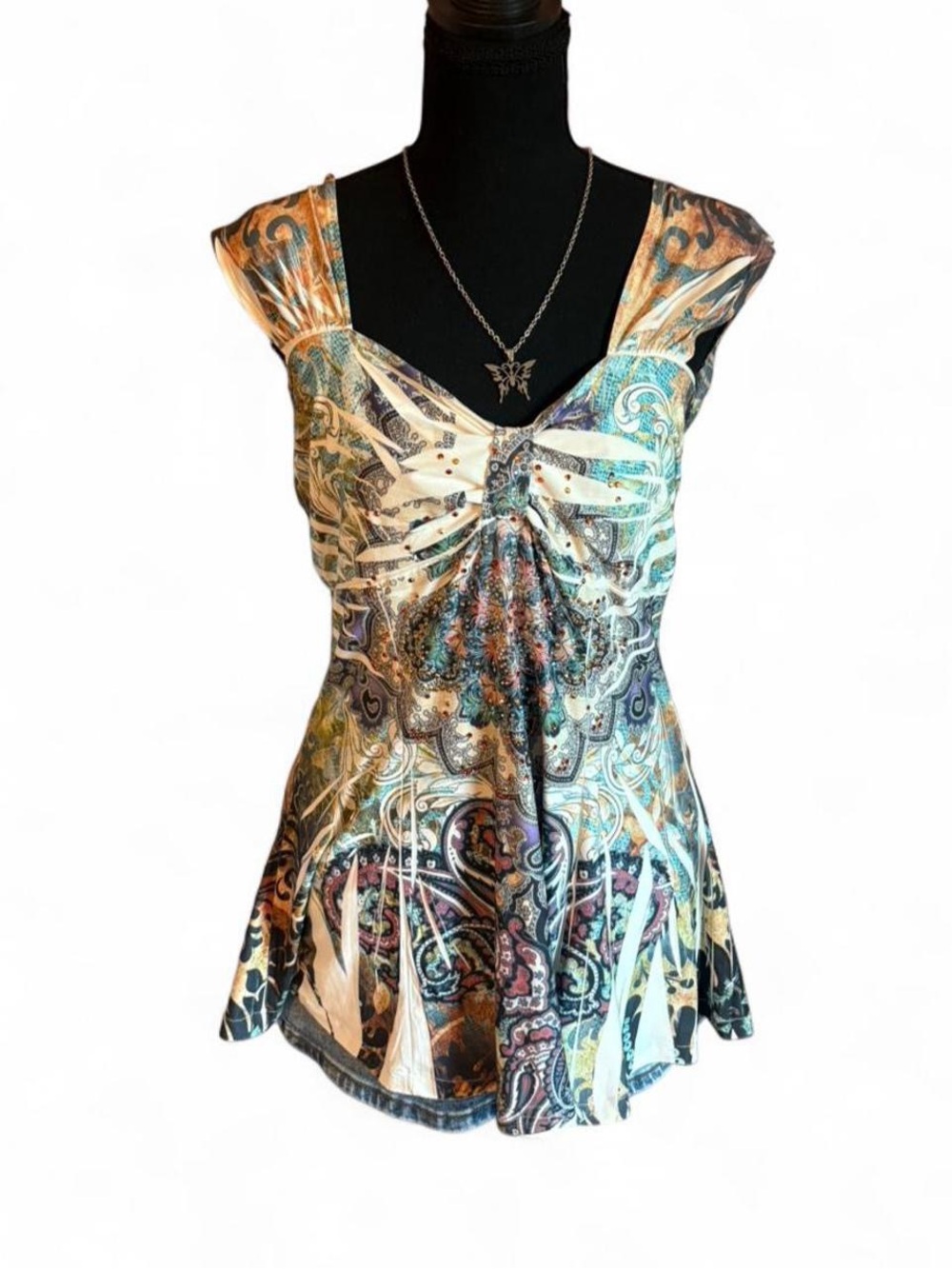 Reina Women’s Printed Sleeveless V-Neck Peplum Top in Teal Multi, Size 1X